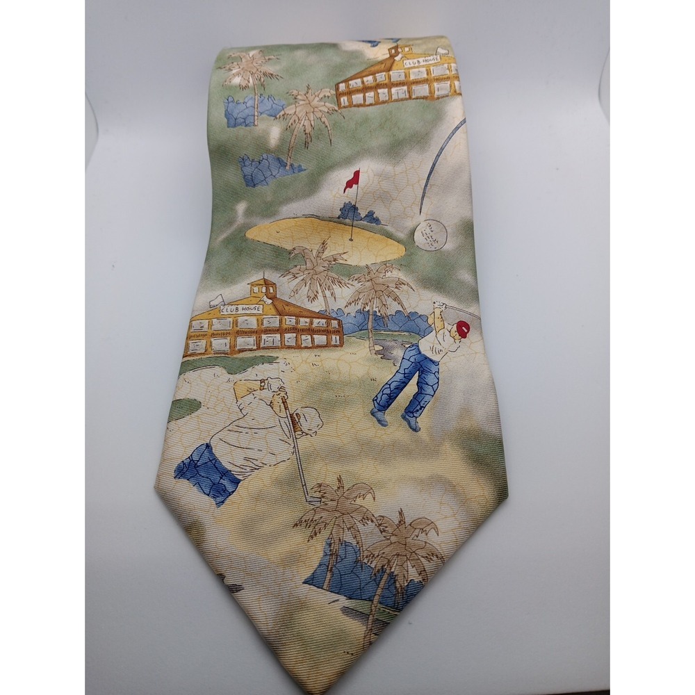 Campia Moda Tie Men's Silk Green Tan Golf Club Print Novelty Necktie‎